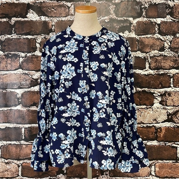 Michael Kors Blouse Top Shirt Womens XL Extra Large Blue Floral Button Peasant - Picture 5 of 14